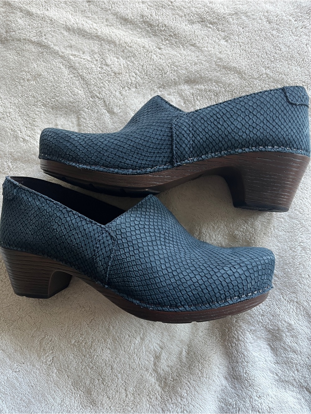 Dansko Navy Textured Suede Clogs, 38,